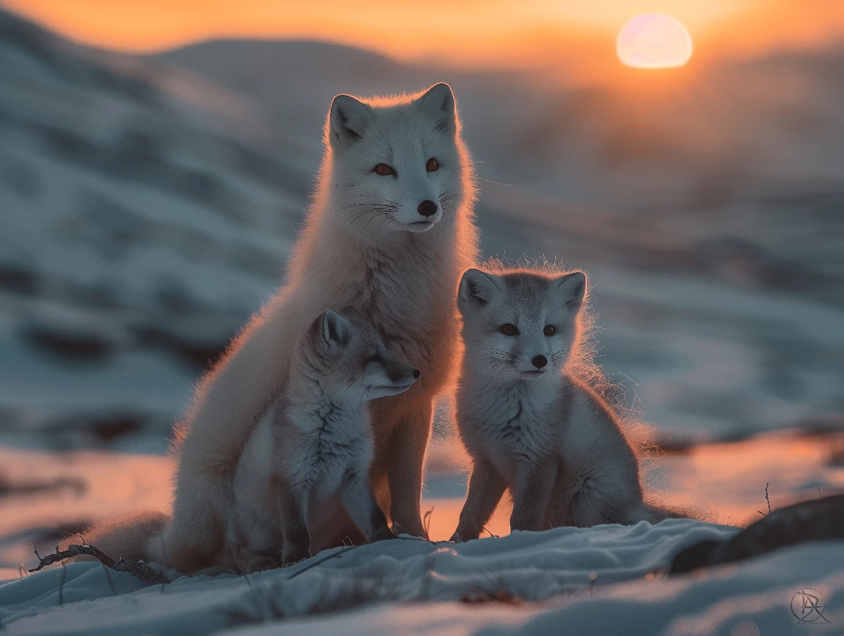 Arctic Fox Family at Sunset